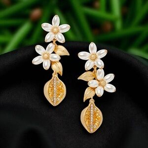 kate spade Gold-Tone Cubic Zirconia Lemon/Faux Pearl Flower Linear Drop Earrings